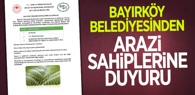 BAYIRKÖY BELEDİYESİNDEN ARAZİ SAHİPLERİNE DUYURU