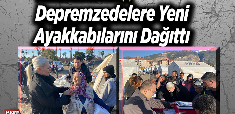 Melek Mızrak Subaşı, depremzedelere yeni ayakkabılarını dağıttı
