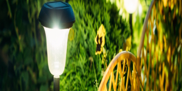 Small Solar Garden Light, Lantern In Flower Bed. Garden Design.