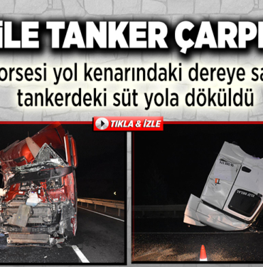 tırın dorsesi yol kenarındaki dereye savruldu, tankerdeki süt yola döküldü