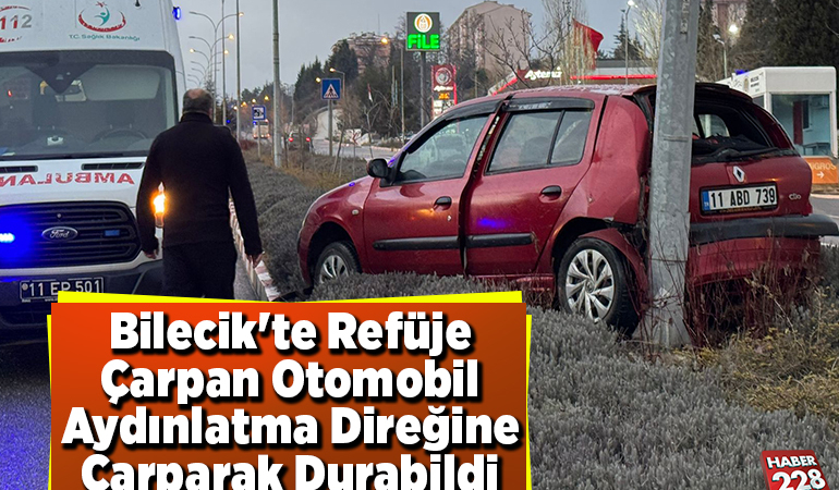 Bilecik’te Refüje Çarpan Otomobil Aydınlatma Direğine Çarparak Durabildi