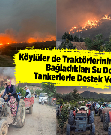 köylüler de traktörlerinin arkasına bağladıkları su dolu tankerlerle destek veriyor