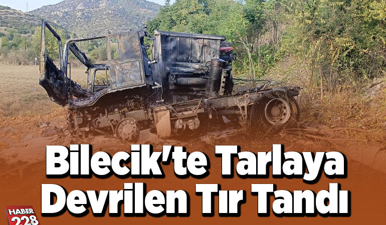 Bilecik’te tarlaya devrilen tır yandı