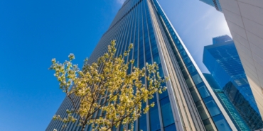 A,Contemporary,Glass-clad,Skyscraper,Reaches,Into,The,Clear,Blue,Sky,
