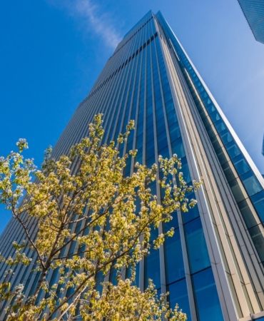 A,Contemporary,Glass-clad,Skyscraper,Reaches,Into,The,Clear,Blue,Sky,