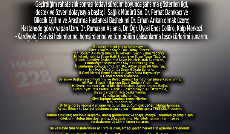 Muhtarlar Derneği Başkanı İlhami Çınar’dan Teşekkür Mesajı
