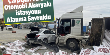 Çarpışan tır ile otomobil akaryakıt istasyonu alanına savruldu